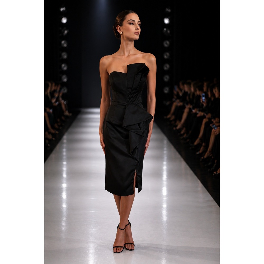 Bariano‎ Australia Black Strapless Architectural Ruffle Midi Cocktail Dress M